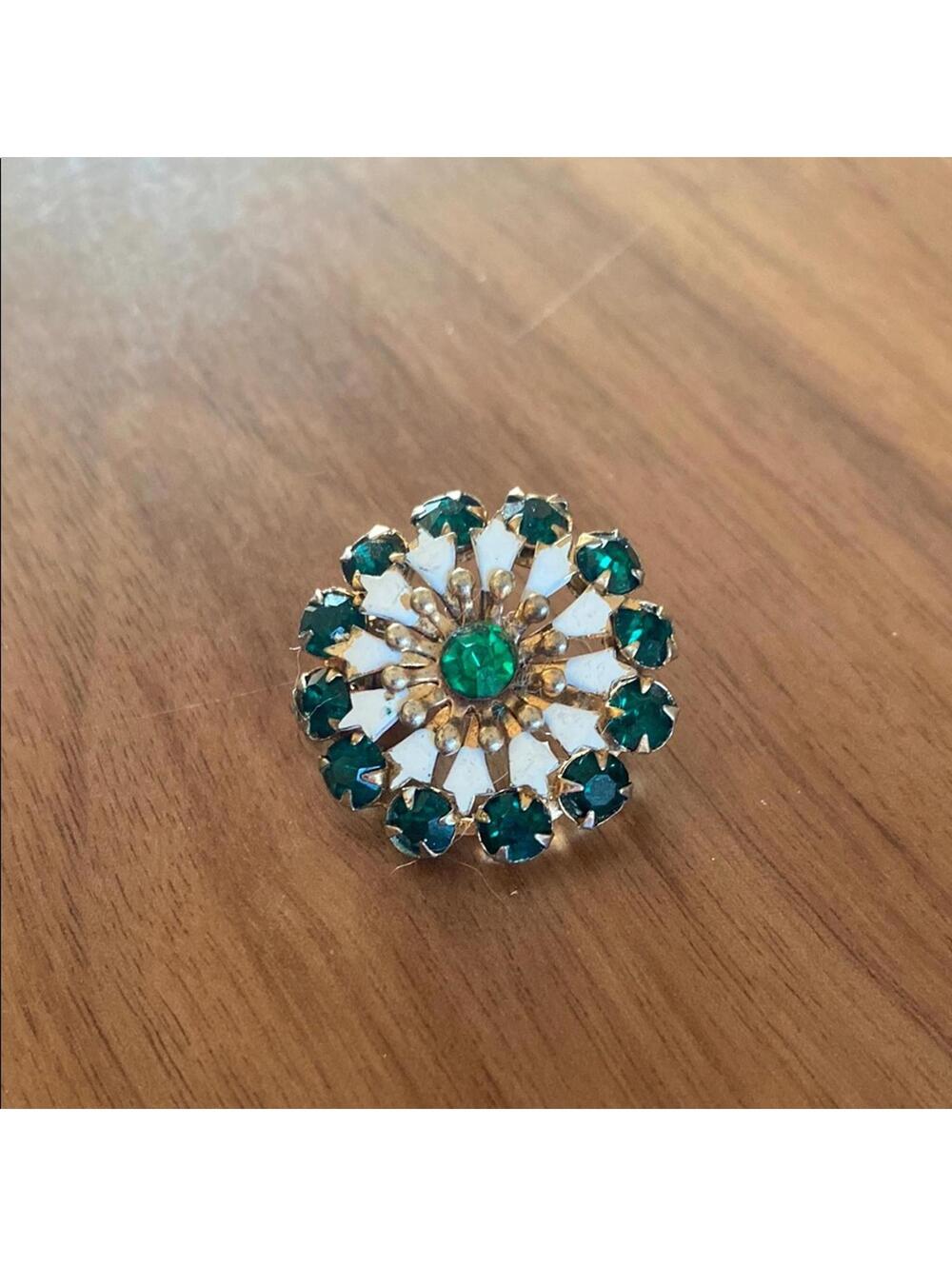 Vintage Green Rhinestone and White Enamel Brooch with Floral Design